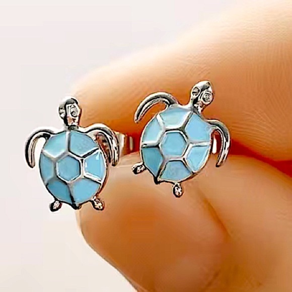 Sterling Silver Blue Turtle Stud Earrings - Picture 1 of 6